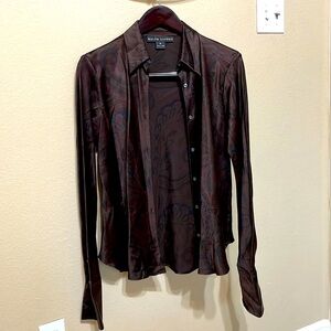 Ralph Lauren brown silk long sleeve blouse with black paisley print, size 12